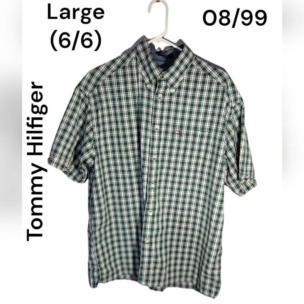 Men's Tommy Hilfiger Green Casual Button Down Short Sleeve Shirt L (6/6)!